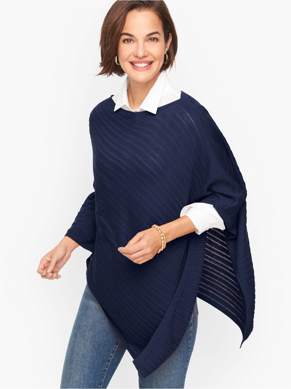 Talbots Asymmetrical Poncho with Textured Ribbing Navy blue